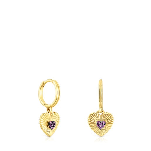 Pendientes aro con baño de oro 18 kt sobre plata y corazón con rodolitas Iris Motif