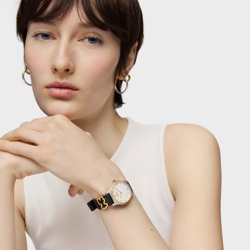 שעון אנלוגי Epic Icon מפלדה בצבע זהב עם לוח מחוגים בגוון אם הפנינה וצמיד עור שחור