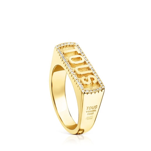 Silver vermeil Signet ring with diamonds Logo | TOUS