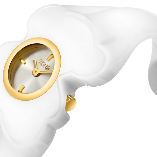ساعة تناظرية ذهبية اللون من الصُلب ذات سوار باللون الأبيض من تشكيلة L Bear Folks