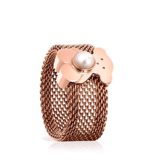 Wide Rose IP Steel and Silver Vermeil TOUS Real Sisy Ring with Pearl