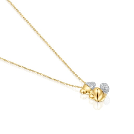 Collana corta con orsetto doppio in oro, oro bianco e diamanti Bold Bear