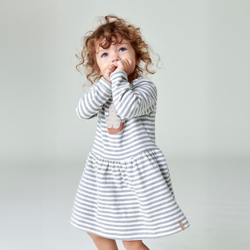 Girls striped dress with bear in Grey ecru