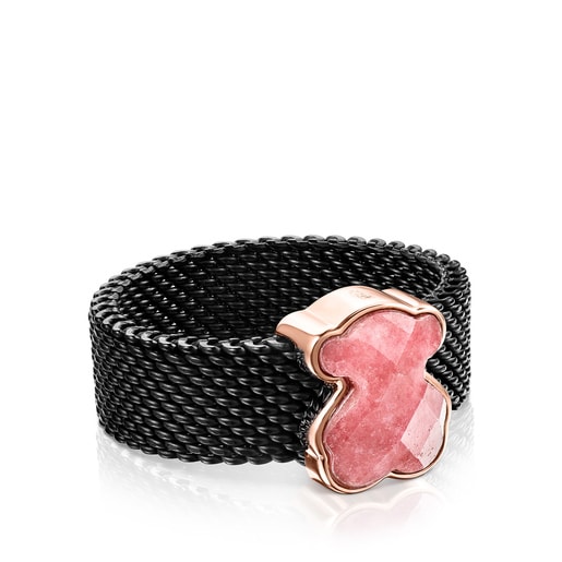 Bague Mesh Color en Acier IP noir et Rhodonite