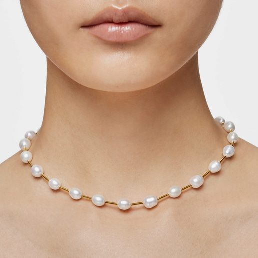 Tube Choker with 18kt gold plating over silver and cultured pearls Gloss