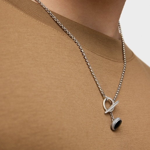 Short aged silver and onyx chain Necklace TOUS Man