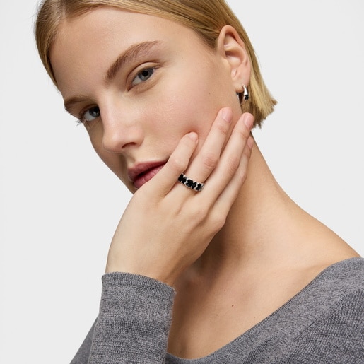 Anello in argento con orsetti in onice medio TOUS Icon Color