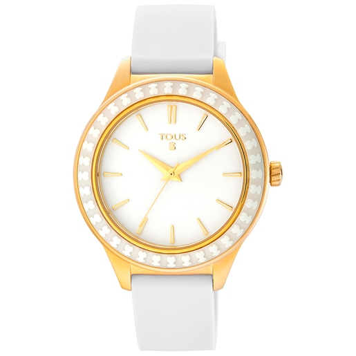 Gold-colored IP Steel Straight Ceramic Watch and ceramic bevel with white Silicone strap