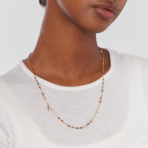 Collar rosario con baño de oro 18 kt sobre plata y gemas y motivo cruz Tamara Falcó X TOUS