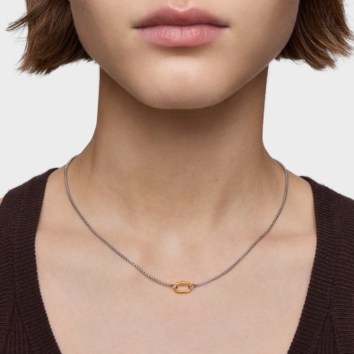Short steel Necklace with gold ring Hold Oval