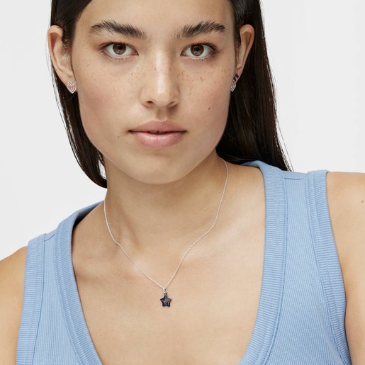 Bickie blue IP steel triple star silver Necklace