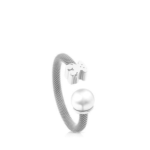 Silver TOUS Mesh Ring with pearl