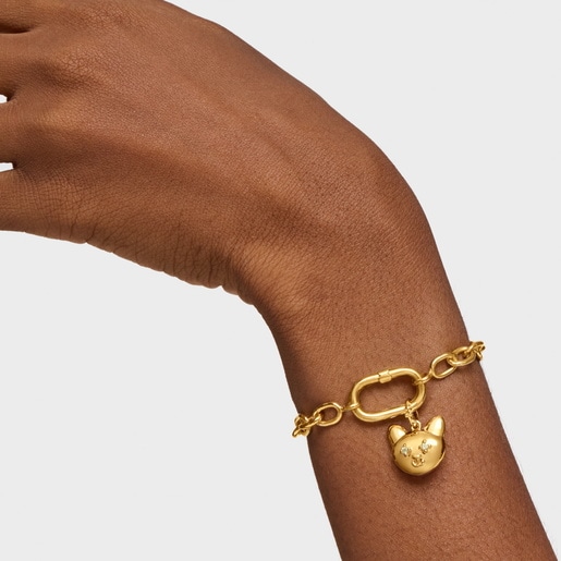 Dije gato con baño de oro de 18 kt sobre plata y peridoto Medallions