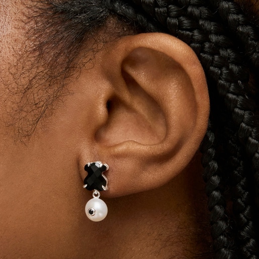 Silver Erma Earrings with Onyx, Pearl and Spinel
