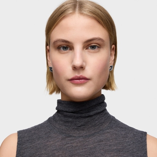 Aretes oso de plata y ónix 16 mm Icon Color