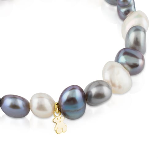 Gold Sweet Dolls Bracelet with white, grey and blue baroque pearls and Bear motif