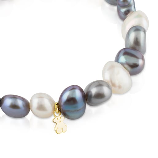 Gold Bracelet with white, grey and blue baroque pearls and Bear motif Sweet  Dolls | TOUS