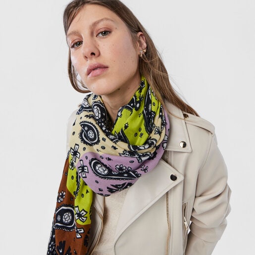 צעיף בנדנה TOUS Gems גדול בצבעי חום וירוק ליים