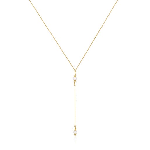 Obojkový náhrdelník s tyčinkou Gloss ze stříbra pozlaceného 18karátovým zlatem s uměle vypěstovanými perlami