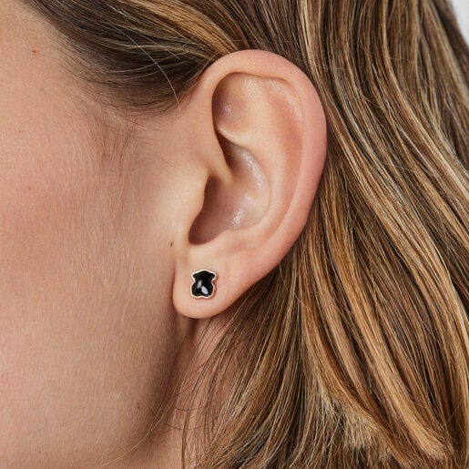 Rose Vermeil Silver TOUS Motif Earrings with faceted Onyx