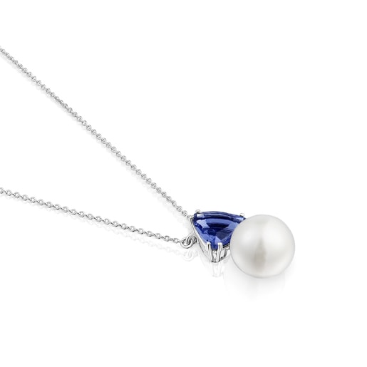 Short white gold Necklace with iolite and cultured pearl Ivette