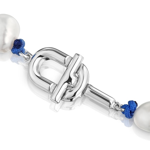 Collier en nylon bleu, argent et perles de culture 45 cm TOUS MANIFESTO