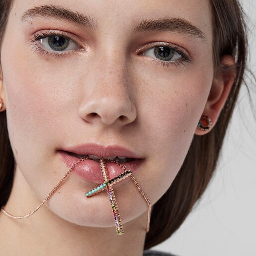 Подвеска-крестик Straight из розового вермеля с драгоценными камнями