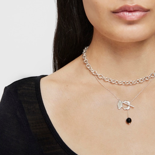 Short silver and onyx bear Necklace I-Bear