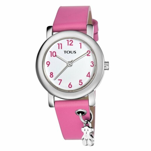 Steel Teddy Watch with pink Leather strap