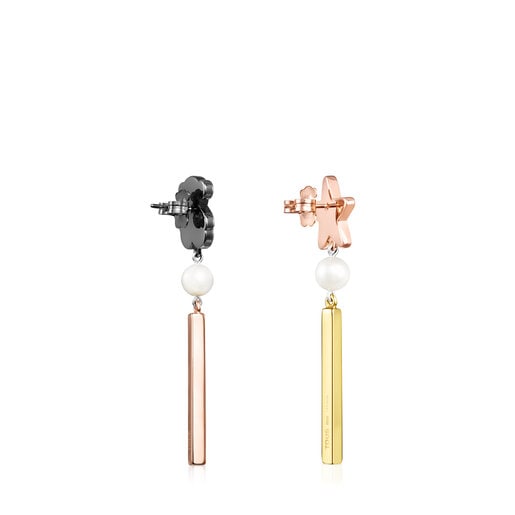 Pendientes largos con baño de oro rosa y amarillo 18 kt sobre plata, plata dark silver y perla Sweet Dolls