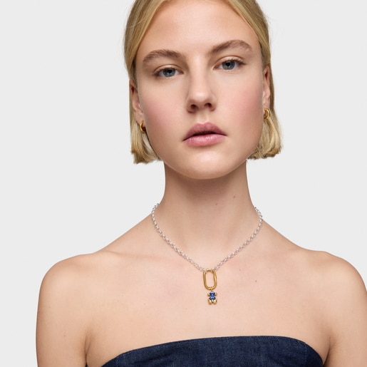 Colgante pequeño motivo oso con baño de oro 18 kt sobre plata y espinela azul creada en laboratorio Color Bear LGG