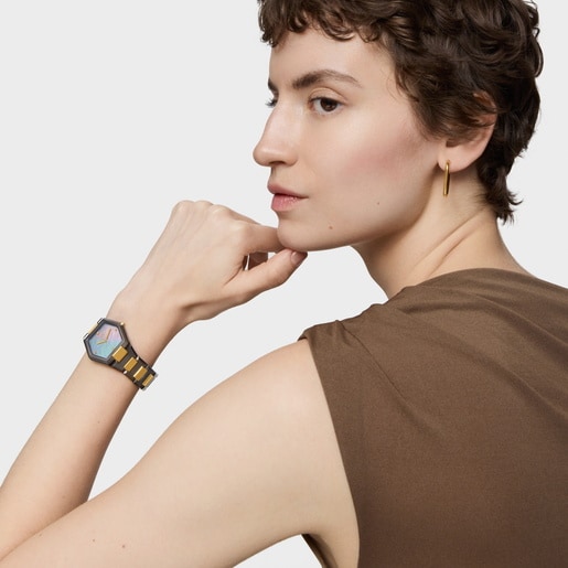 Reloj analógico con brazalete de acero negro, dorado y esfera de nácar gris Karat