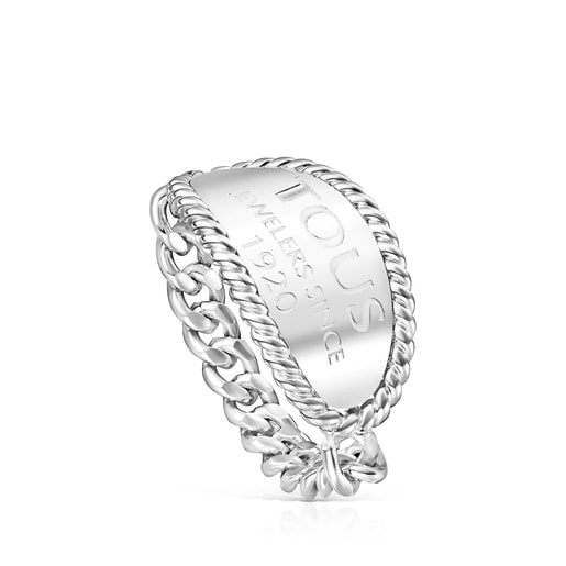 Silver TOUS Minne Ring with oval medallion with letters TOUS engraving