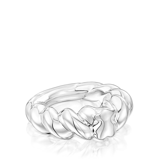 Twisted braided silver ring bear motif