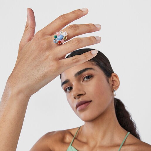 Anillo Fragile Nature rosetón de plata y gemas