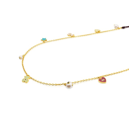 Vermeil Silver Face Necklace with Enamel, Pearl and Spinel