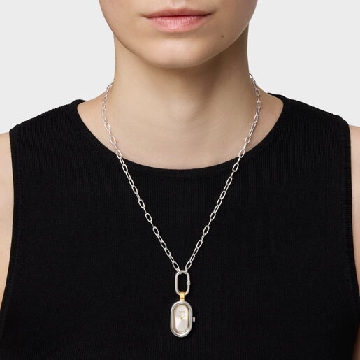 שעון תליו/דיגיטלי Hold Oval מפלדה בצבעי זהב ואפור