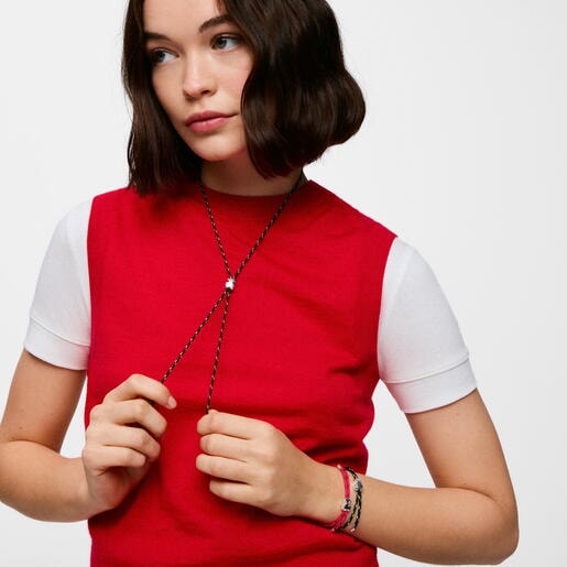 Long silver and black nylon bear Necklace TOUS Bold Motif