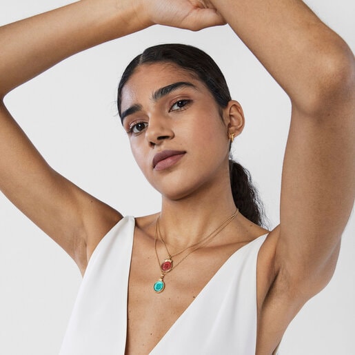 Collar camafeo con baño de oro 18 kt sobre plata y glass verde Oceaan Color