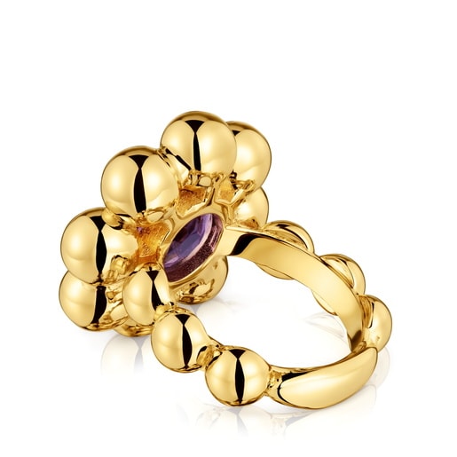 Anillo mediano flor con baño de oro 18 kt sobre plata y amatista Sugar Party