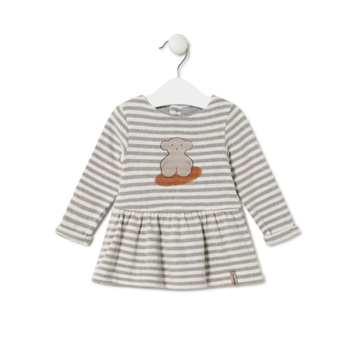 Girls striped dress with bear in Grey ecru