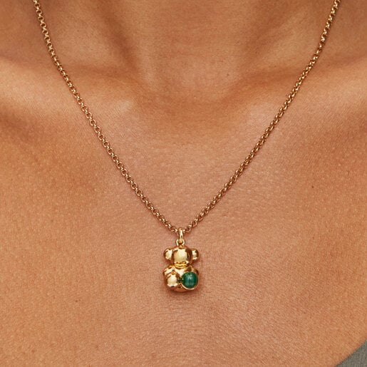 Dije oso con baño de oro 18 kt sobre plata y malaquita Bold Bear