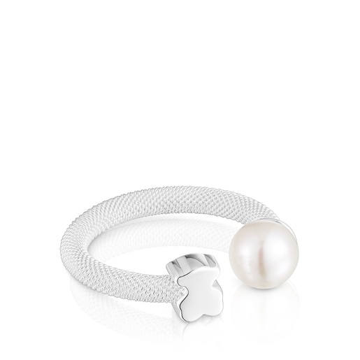 Anillo abierto de plata y perla cultivada Icon Mesh