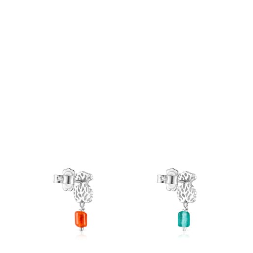 Silver Oceaan bear Earrings with orange and blue glass