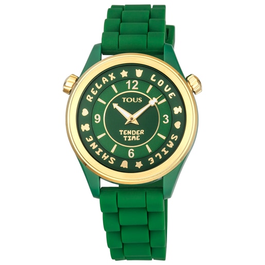 Gold-colored IP steel Tender Time Watch with green silicone strap