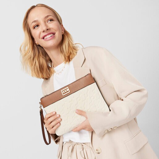 Beige and brown Leather T Script Clutch bag