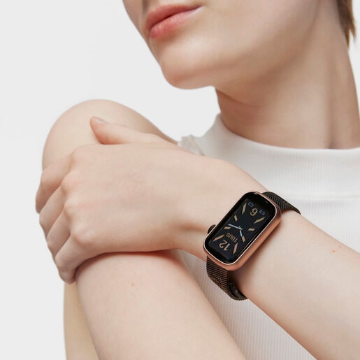 Smartwatch with gray IP steel bracelet and aluminum case in rose-colored IPRG TOUS T-Band Mesh