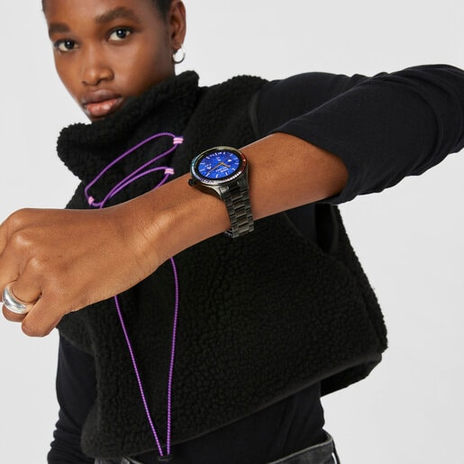 T-Shine Connect Smartwatch with black IP steel wristband with rainbow cubic zirconias