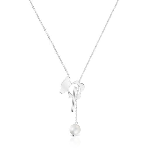 Short silver bear Necklace with cultivated pearls I-Bear