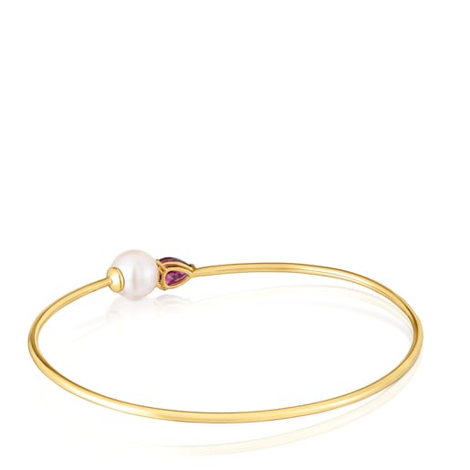 Gold Bangle with rhodolite and cultured pearl Ivette